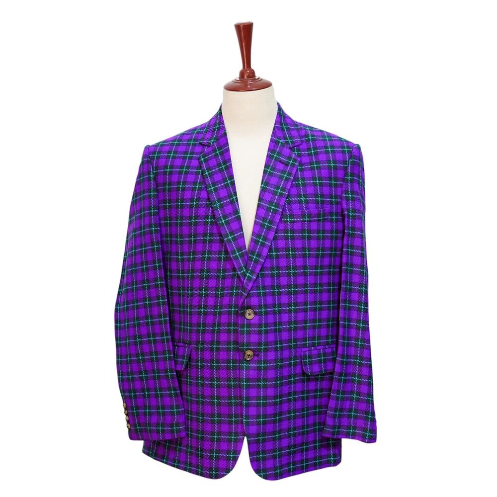 Mens Wool Sport Coat 44R Purple Teal Tartan Plaid Blazer 2 Button Formal Wedding